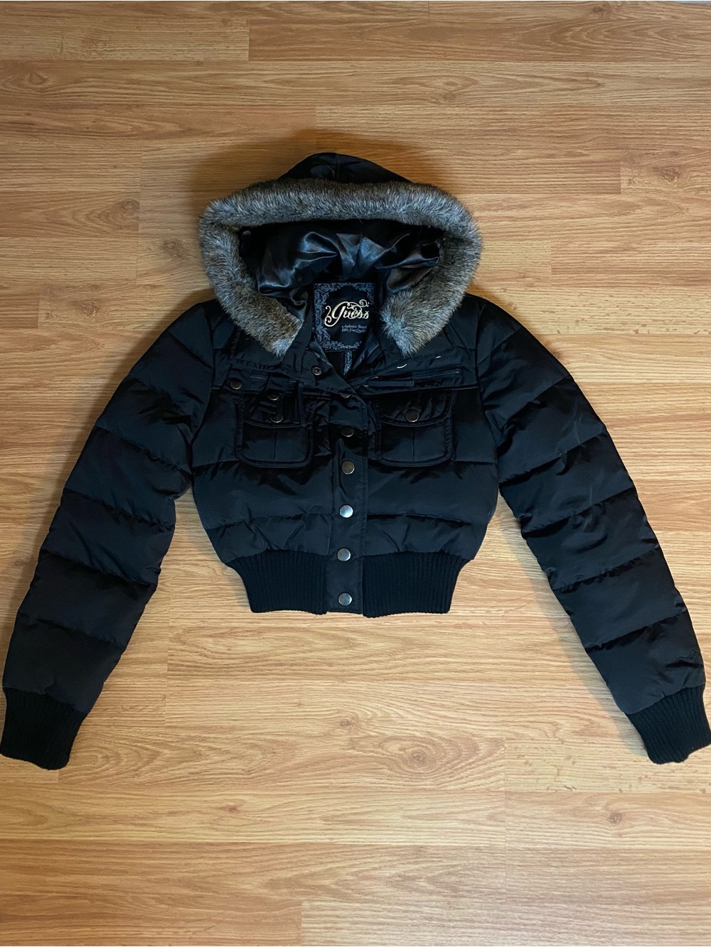 Brand New - Guess Black Cropped Puffer Jacket with Faux Fur Hood Trim